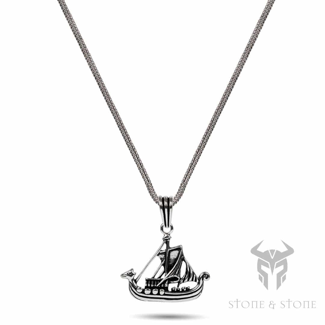 925 Sterling Silver Viking Boat Pendant Stone & Stone