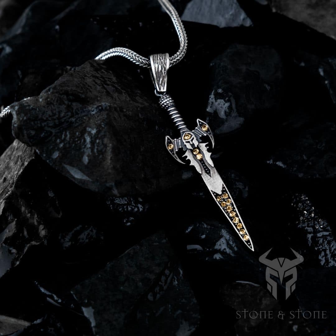 Silver Sword Pendant Necklace Stone & Stone