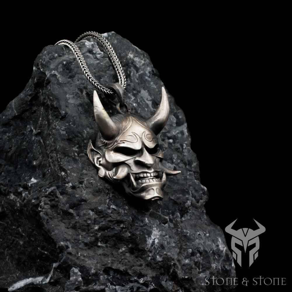 Silver Hannya Oni Mask Pendant Stone & Stone